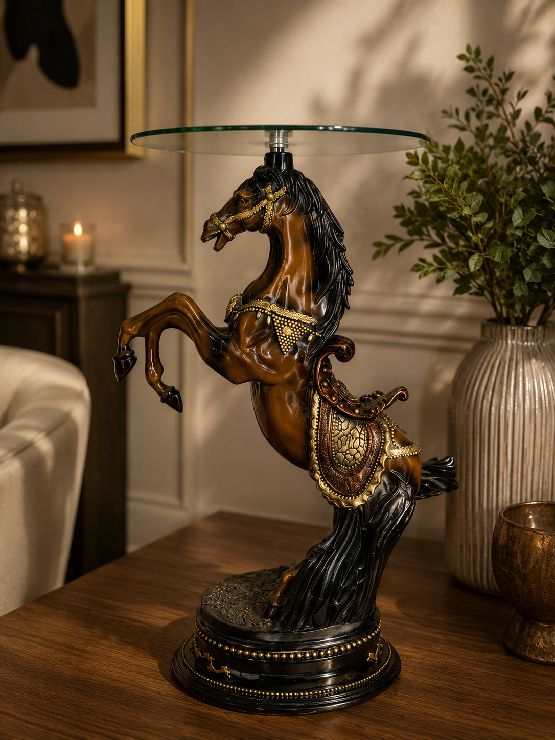 Rearing Horse Glass Side Table